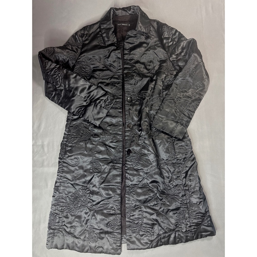 VTG For Joseph Made in USA Quilted Satin Coat Black Floral Embroidered M‎ 90s